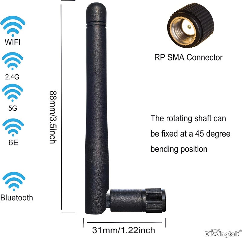 Dixingtek WiFi 6E Tri-Band 2.4GHz 5GHz 6GHz Bluetooth RP SMA Male Antenna, Compatible with WiFi Router Camera PCI-E Network Card USB Adapter Motherboard PC Desktop Computer 2-Pack WiFi Antennas - Image 2